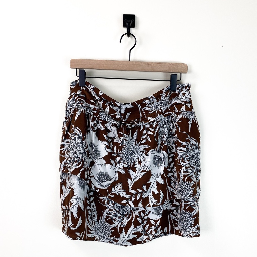 NEW Express Asymmetrical Tiered Tropical Floral Print Mini Skirt | BROWN | Sz 14 - Picture 2 of 12